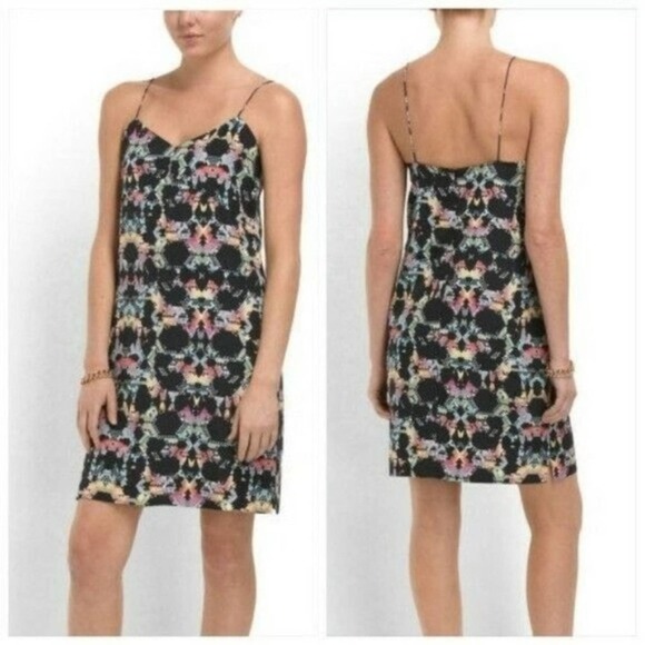 Tibi Geometric Kaleidoscope Print Silk Shift Dress V-Neck Strappy Black Size 2 - Picture 2 of 8